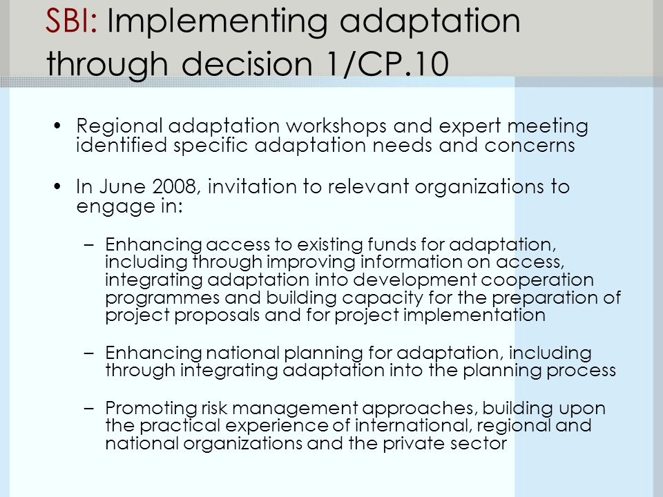 SBI: Implementing adaptation through decision 1/CP.10 Regional adaptation workshops and expert meeting identified specific adaptation needs and concerns In June 2008, invitation to relevant organizations to engage in: –Enhancing access to existing funds for adaptation, including through improving information on access, integrating adaptation into development cooperation programmes and building capacity for the preparation of project proposals and for project implementation –Enhancing national planning for adaptation, including through integrating adaptation into the planning process –Promoting risk management approaches, building upon the practical experience of international, regional and national organizations and the private sector