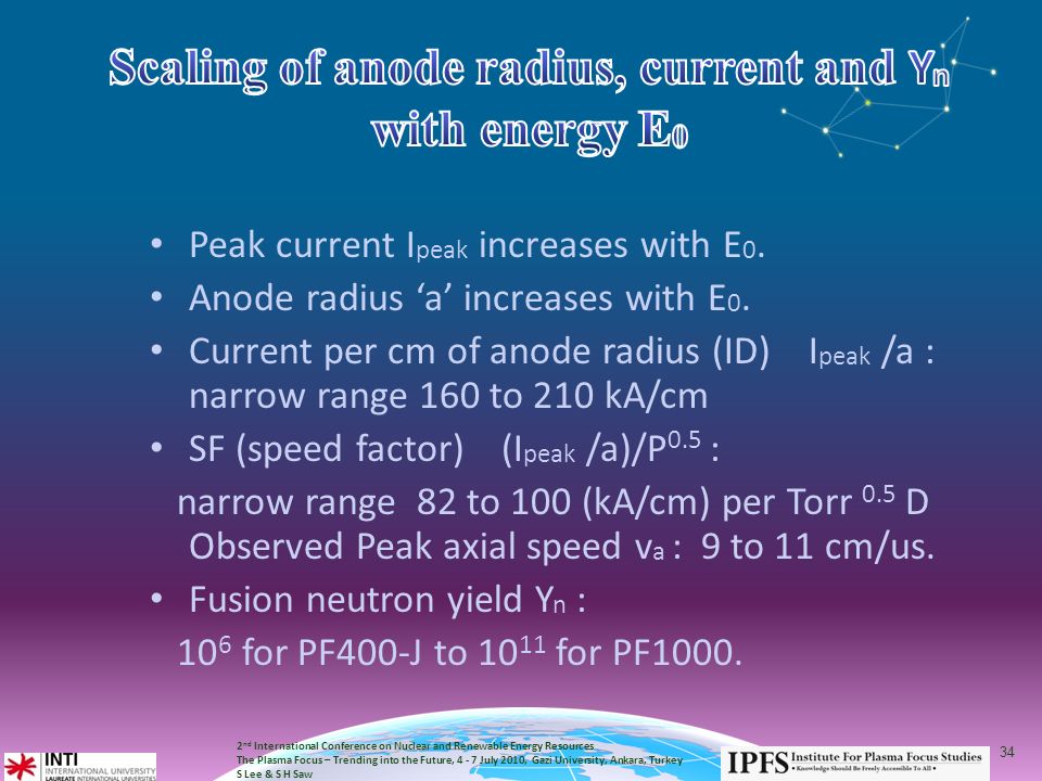 2 nd International Conference on Nuclear and Renewable Energy Resources The Plasma Focus – Trending into the Future, July 2010, Gazi University, Ankara, Turkey S Lee & S H Saw 34 Peak current I peak increases with E 0.