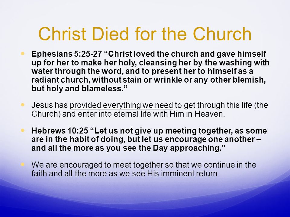 Christ Died for the Church Ephesians 5:25-27 Christ loved the church and gave himself up for her to make her holy, cleansing her by the washing with water through the word, and to present her to himself as a radiant church, without stain or wrinkle or any other blemish, but holy and blameless. Jesus has provided everything we need to get through this life (the Church) and enter into eternal life with Him in Heaven.