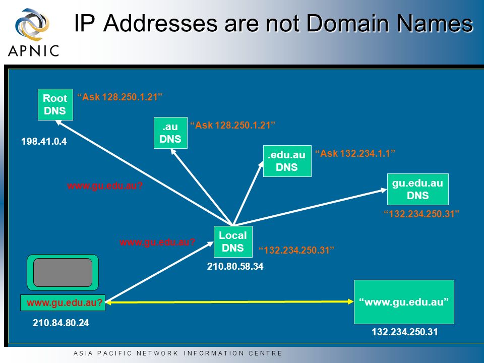 A S I A P A C I F I C N E T W O R K I N F O R M A T I O N C E N T R E IP Addresses are not Domain Names.edu.au DNS.au DNS gu.edu.au DNS Root DNS Ask Ask