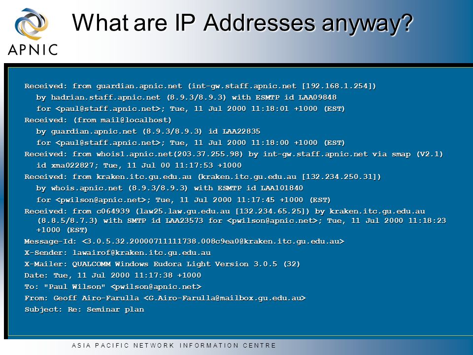 A S I A P A C I F I C N E T W O R K I N F O R M A T I O N C E N T R E What are IP Addresses anyway.