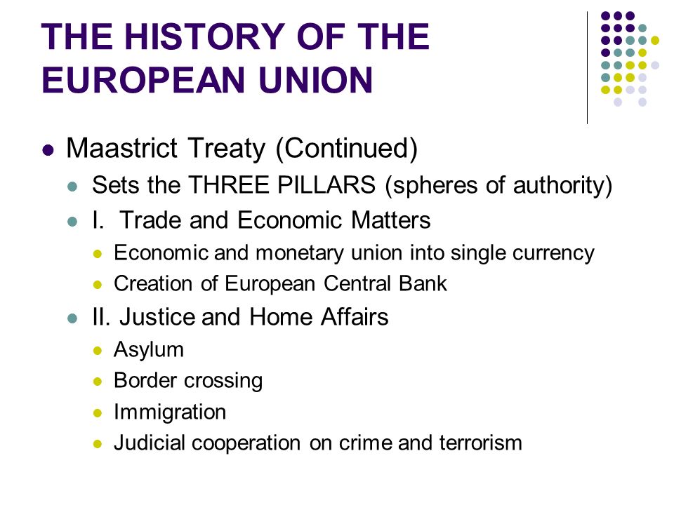 THE HISTORY OF THE EUROPEAN UNION Maastrict Treaty (Continued) Sets the THREE PILLARS (spheres of authority) I.
