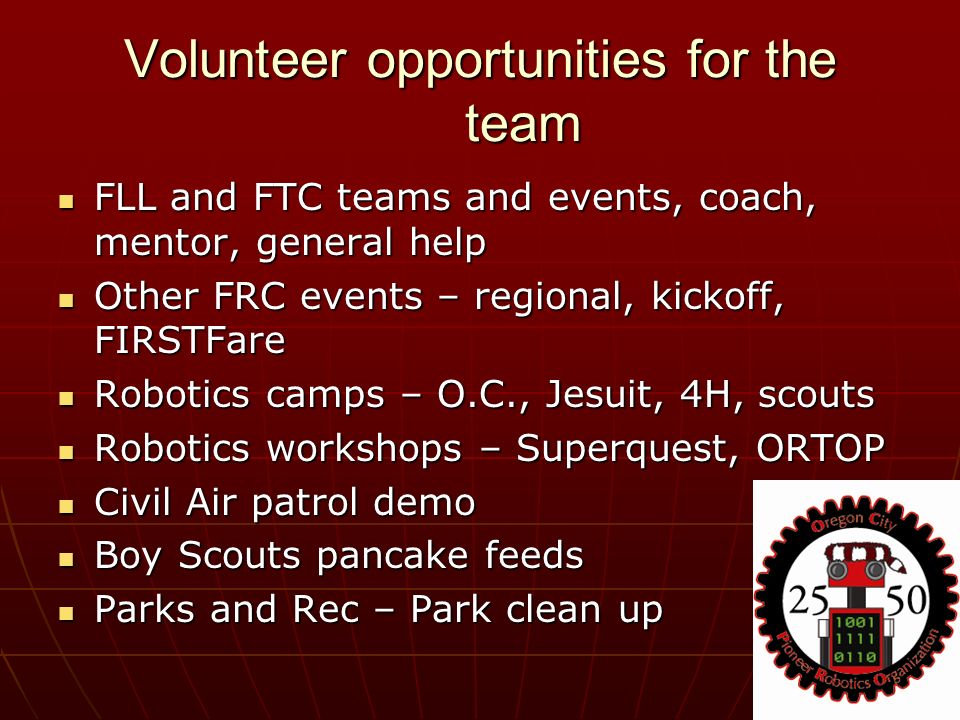 Volunteer opportunities for the team FLL and FTC teams and events, coach, mentor, general help FLL and FTC teams and events, coach, mentor, general help Other FRC events – regional, kickoff, FIRSTFare Other FRC events – regional, kickoff, FIRSTFare Robotics camps – O.C., Jesuit, 4H, scouts Robotics camps – O.C., Jesuit, 4H, scouts Robotics workshops – Superquest, ORTOP Robotics workshops – Superquest, ORTOP Civil Air patrol demo Civil Air patrol demo Boy Scouts pancake feeds Boy Scouts pancake feeds Parks and Rec – Park clean up Parks and Rec – Park clean up