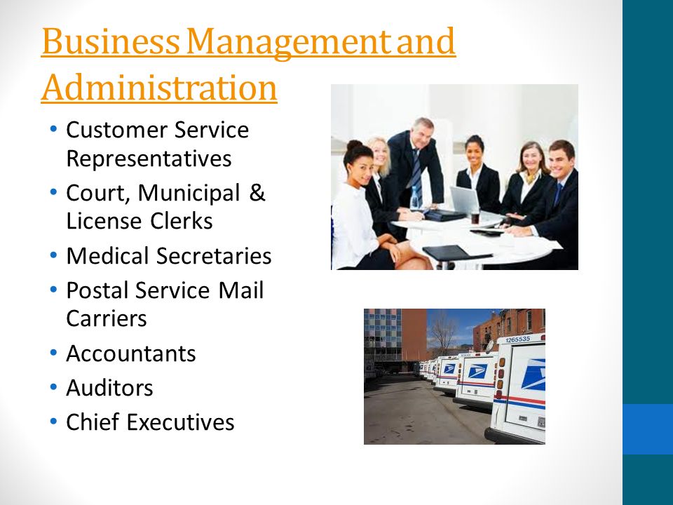 Business Management and Administration Customer Service Representatives Court, Municipal & License Clerks Medical Secretaries Postal Service Mail Carriers Accountants Auditors Chief Executives