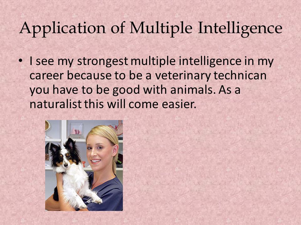 Application of Multiple Intelligence I see my strongest multiple intelligence in my career because to be a veterinary technican you have to be good with animals.