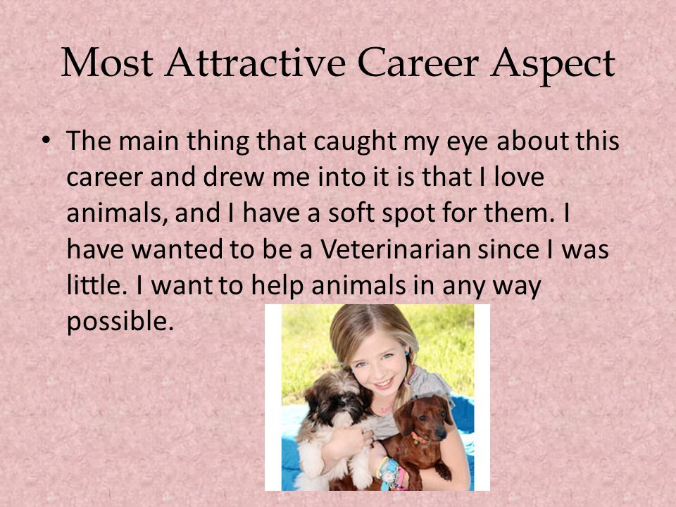 Most Attractive Career Aspect The main thing that caught my eye about this career and drew me into it is that I love animals, and I have a soft spot for them.