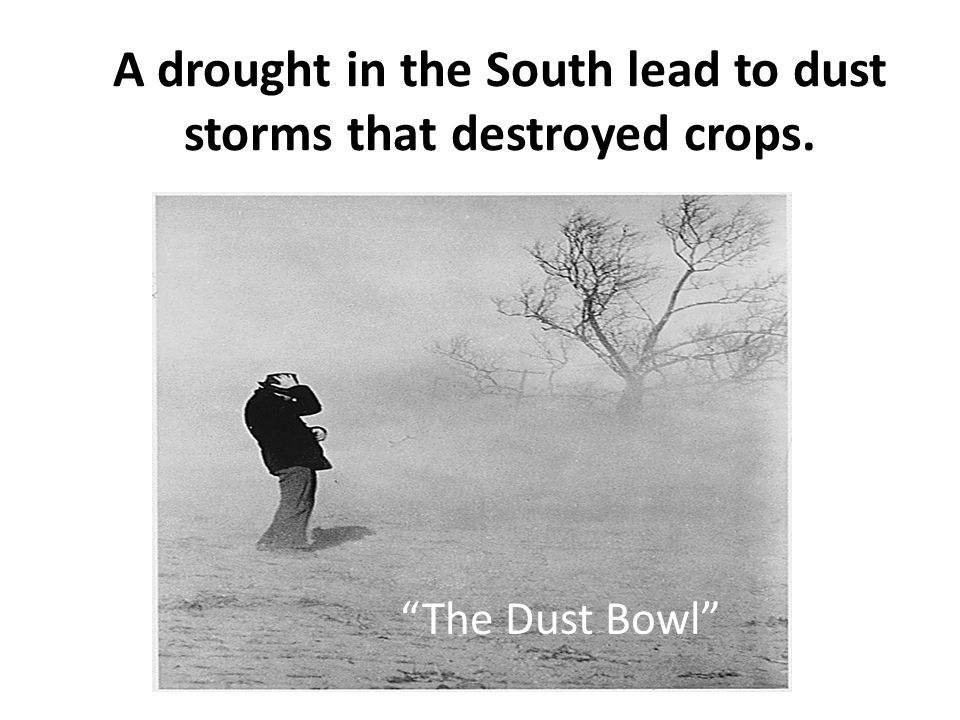 A drought in the South lead to dust storms that destroyed crops. The Dust Bowl