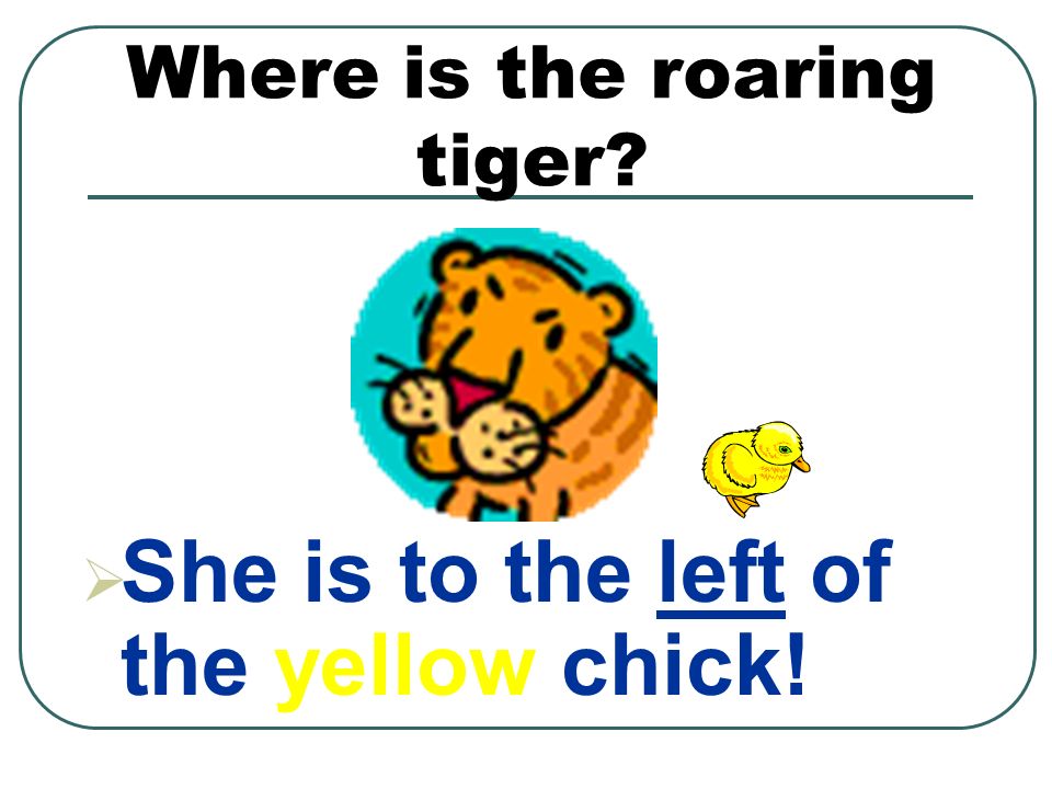 Where is the roaring tiger  She is to the left of the yellow chick!