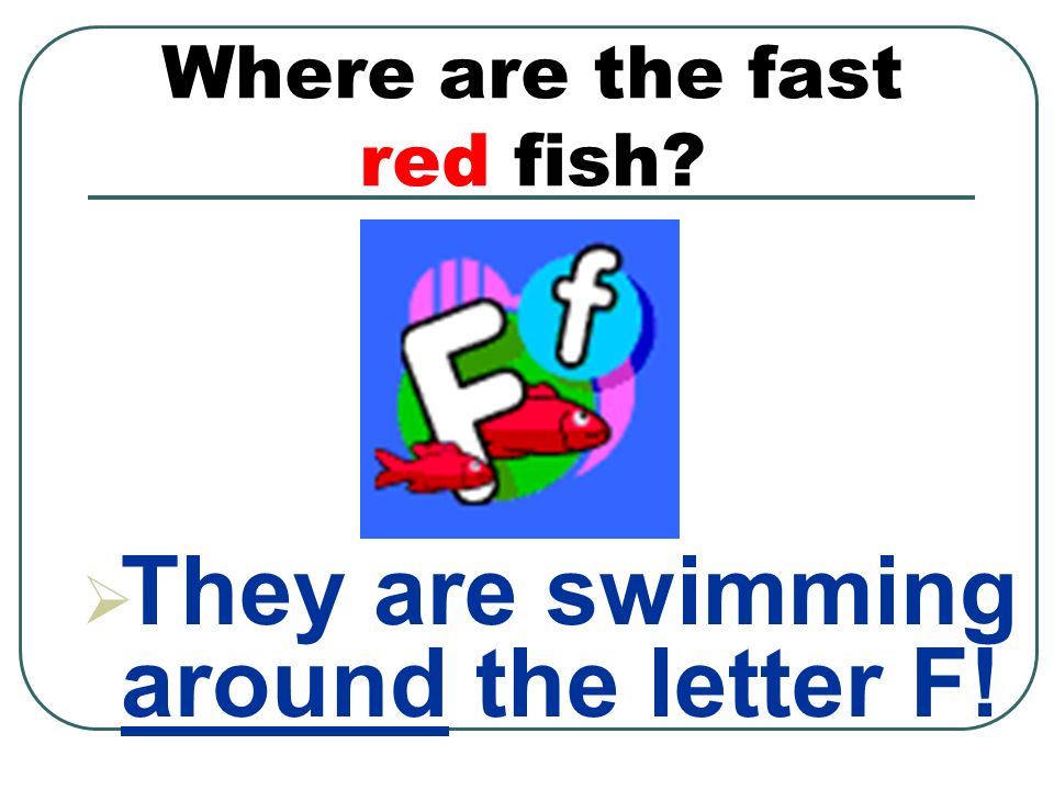 Where are the fast red fish  They are swimming around the letter F!