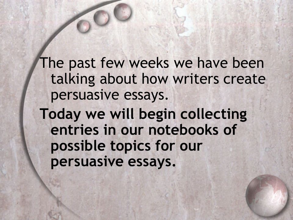 The past few weeks we have been talking about how writers create persuasive essays.