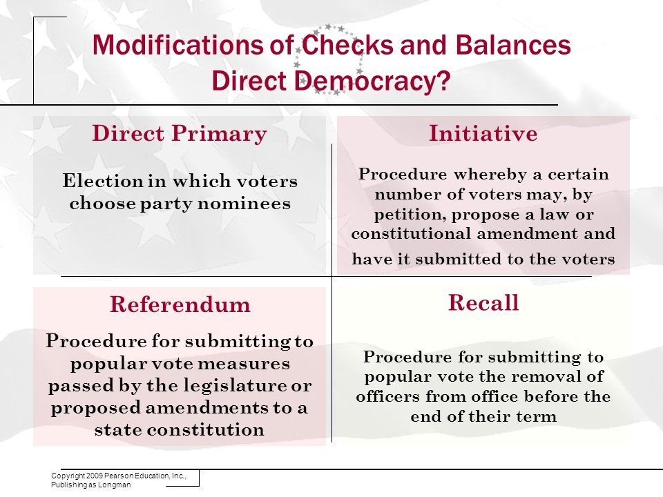 Copyright 2009 Pearson Education, Inc., Publishing as Longman Modifications of Checks and Balances Direct Democracy.