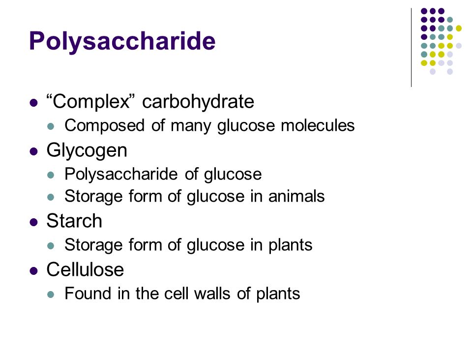 Polysaccharide Complex carbohydrate Composed of many glucose molecules Glycogen Polysaccharide of glucose Storage form of glucose in animals Starch Storage form of glucose in plants Cellulose Found in the cell walls of plants