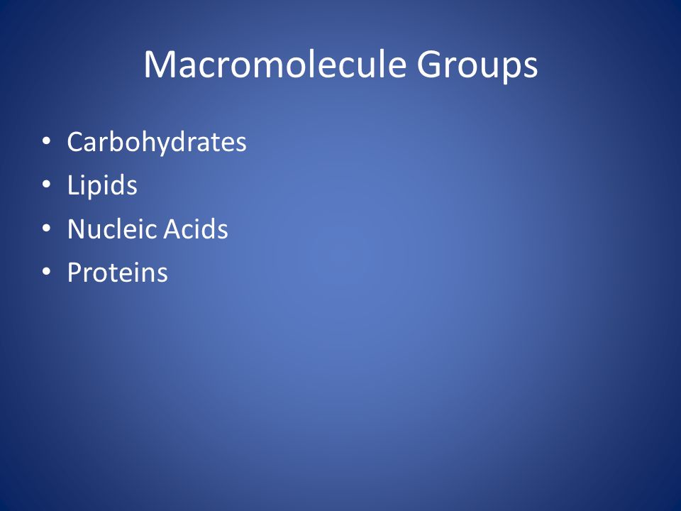 Macromolecule Groups Carbohydrates Lipids Nucleic Acids Proteins