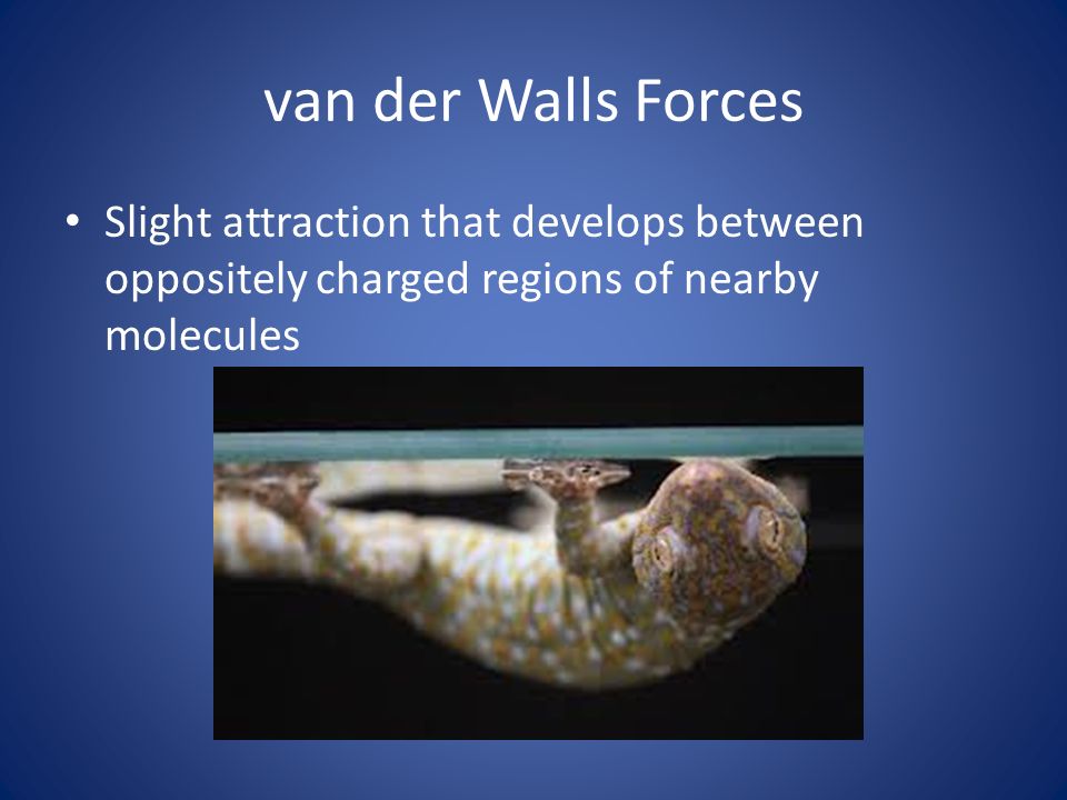 van der Walls Forces Slight attraction that develops between oppositely charged regions of nearby molecules