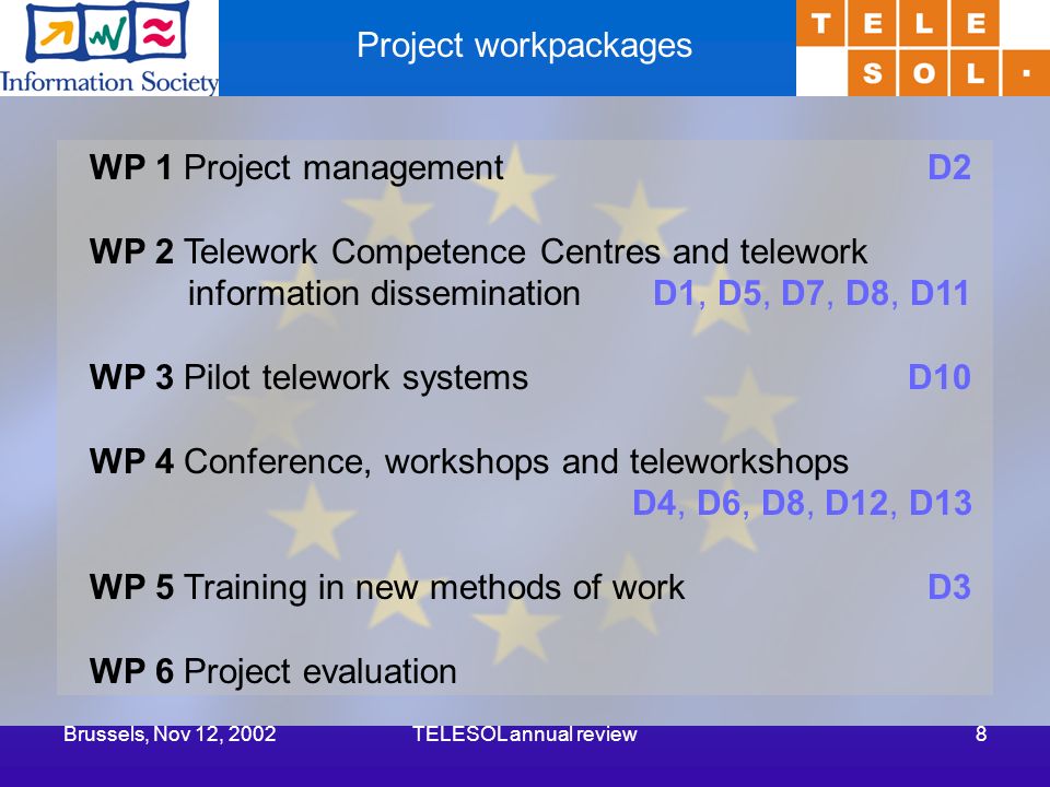 Brussels, Nov 12, 2002TELESOL annual review8 Project workpackages WP 1 Project management D2 WP 2 Telework Competence Centres and telework information dissemination D1, D5, D7, D8, D11 WP 3 Pilot telework systemsD10 WP 4 Conference, workshops and teleworkshops D4, D6, D8, D12, D13 WP 5 Training in new methods of work D3 WP 6 Project evaluation