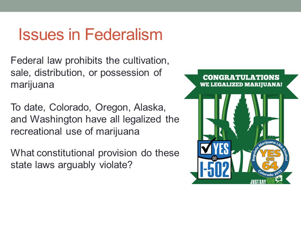 Issues in Federalism Federal law prohibits the cultivation, sale, distribution, or possession of marijuana To date, Colorado, Oregon, Alaska, and Washington have all legalized the recreational use of marijuana What constitutional provision do these state laws arguably violate