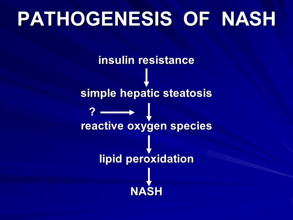 PATHOGENESIS OF NASH insulin resistance simple hepatic steatosis reactive oxygen species lipid peroxidation NASH