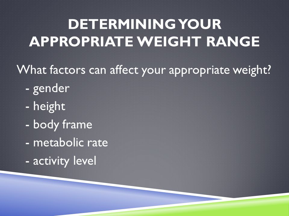 DETERMINING YOUR APPROPRIATE WEIGHT RANGE What factors can affect your appropriate weight.