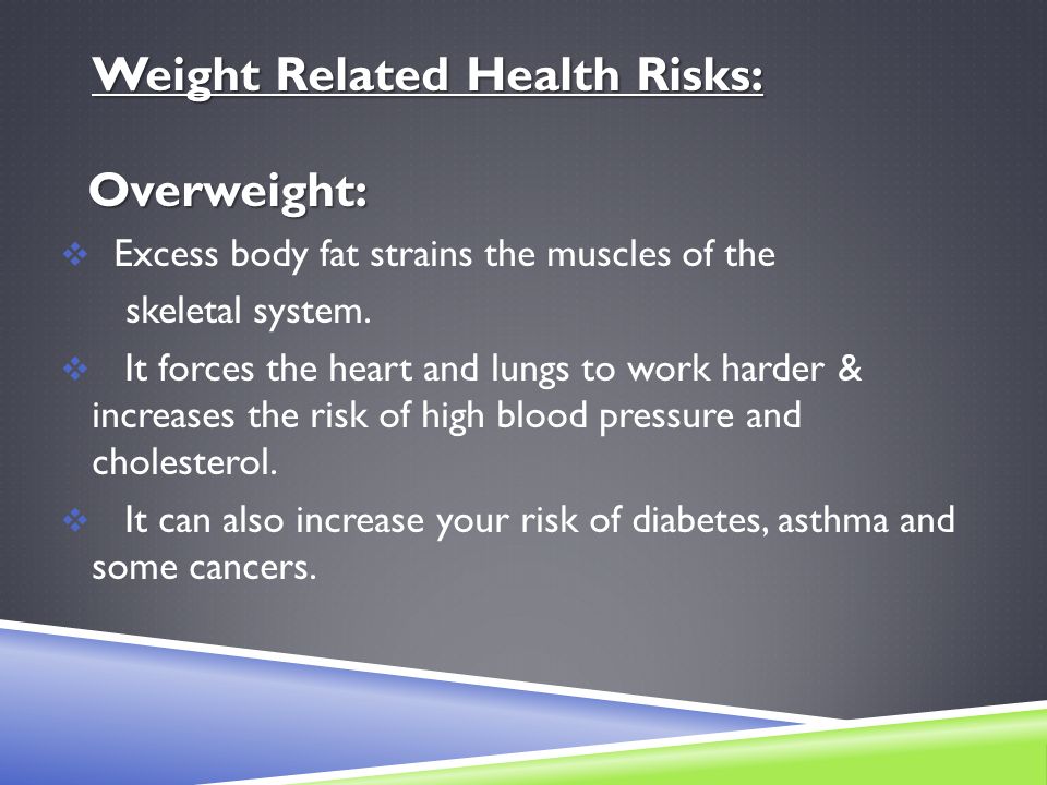 Weight Related Health Risks: Overweight: Overweight:  Excess body fat strains the muscles of the skeletal system.