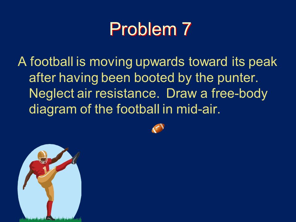Problem 7 A football is moving upwards toward its peak after having been booted by the punter.