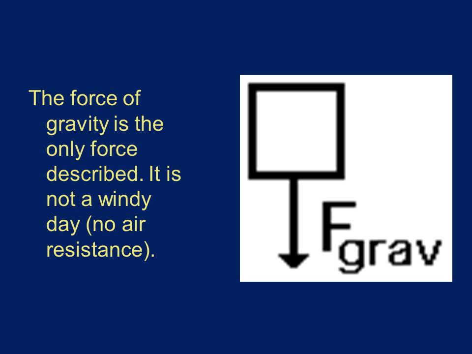 The force of gravity is the only force described. It is not a windy day (no air resistance).