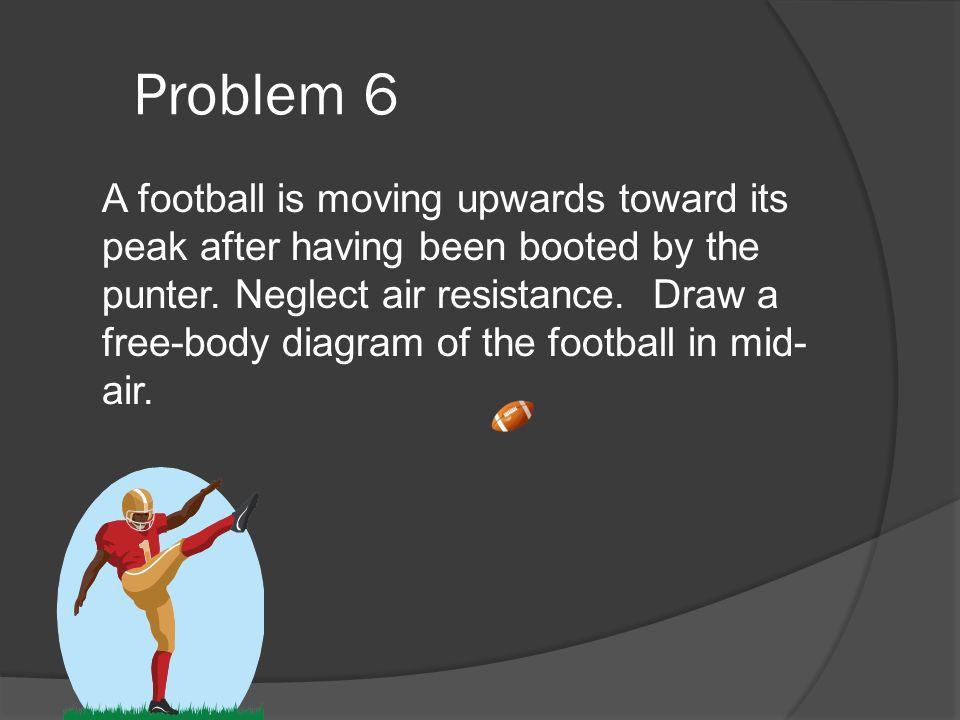 Problem 6 A football is moving upwards toward its peak after having been booted by the punter.
