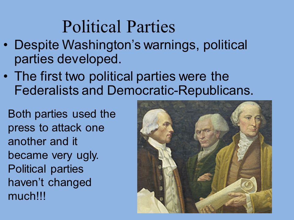 Political Parties Despite Washington’s warnings, political parties developed.