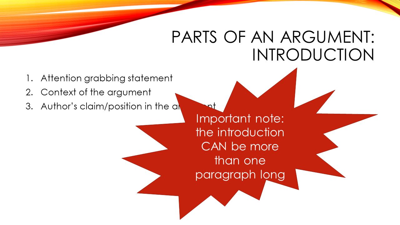 PARTS OF AN ARGUMENT: INTRODUCTION 1.Attention grabbing statement 2.Context of the argument 3.Author’s claim/position in the argument Important note: the introduction CAN be more than one paragraph long