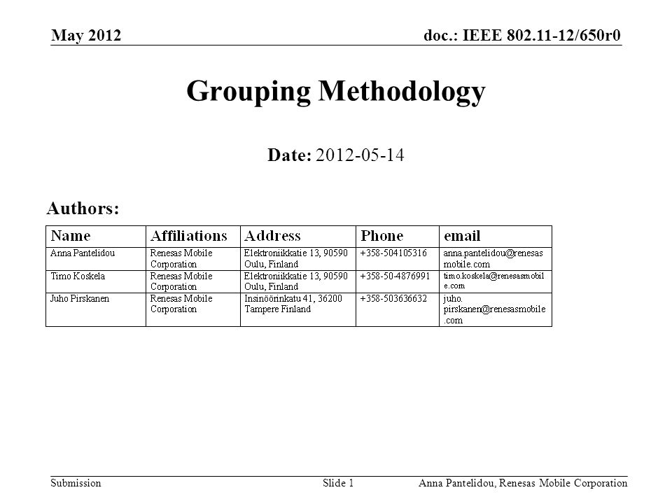 doc.: IEEE /650r0 Submission May 2012 Anna Pantelidou, Renesas Mobile CorporationSlide 1 Grouping Methodology Date: Authors:
