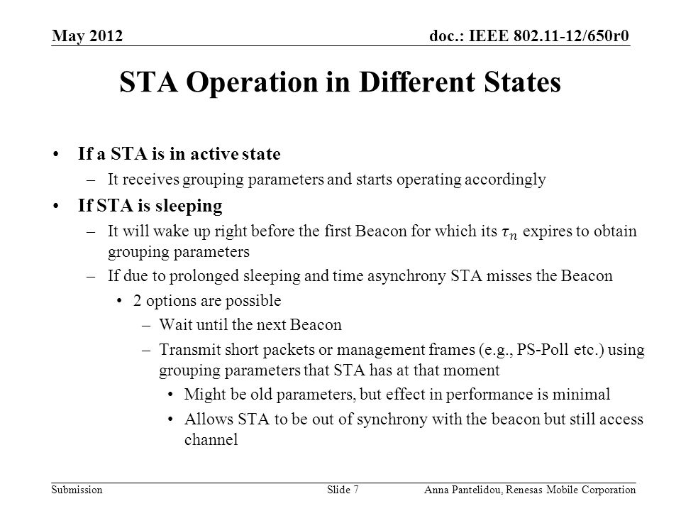 doc.: IEEE /650r0 Submission May 2012 Anna Pantelidou, Renesas Mobile CorporationSlide 7 STA Operation in Different States