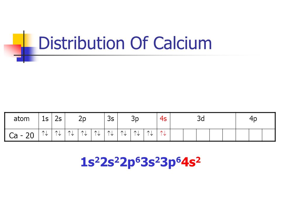 Distribution Of Calcium atom1s2s 2p3s 3p4s 3d 4p Ca - 20  1s 2 2s 2 2p 6 3s 2 3p 6 4s 2