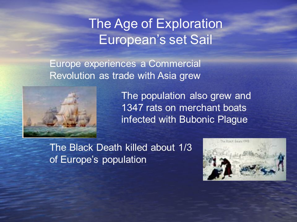 The Age of Exploration European’s set Sail Europe experiences a Commercial Revolution as trade with Asia grew The population also grew and 1347 rats on merchant boats infected with Bubonic Plague The Black Death killed about 1/3 of Europe’s population