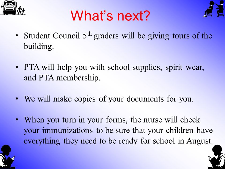 What’s next. Student Council 5 th graders will be giving tours of the building.