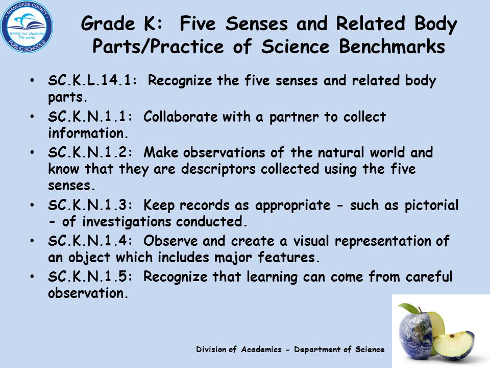 Grade K: Five Senses and Related Body Parts/Practice of Science Benchmarks SC.K.L.14.1: Recognize the five senses and related body parts.