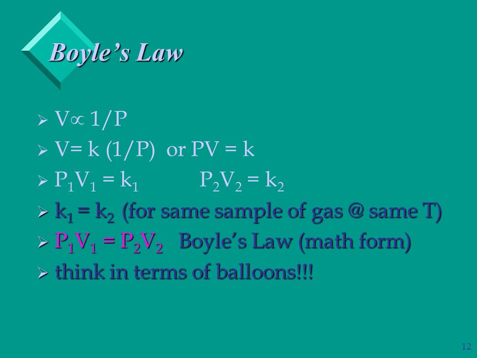 12 Boyle’s Law   V  1/P   V= k (1/P) or PV = k   P 1 V 1 = k 1 P 2 V 2 = k 2  k 1 = k 2 (for same sample of same T)  P 1 V 1 = P 2 V 2 Boyle’s Law (math form)  think in terms of balloons!!!