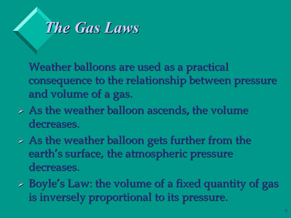 9 The Gas Laws Weather balloons are used as a practical consequence to the relationship between pressure and volume of a gas.