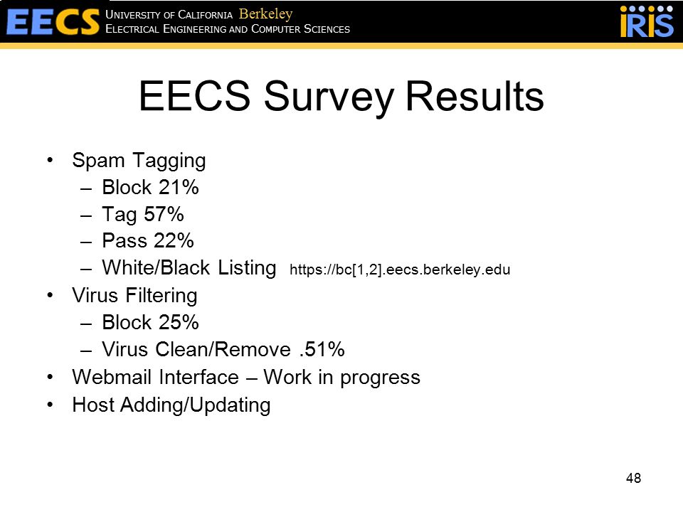 48 EECS Survey Results Spam Tagging –Block 21% –Tag 57% –Pass 22% –White/Black Listing   Virus Filtering –Block 25% –Virus Clean/Remove.51% Webmail Interface – Work in progress Host Adding/Updating E LECTRICAL E NGINEERING AND C OMPUTER S CIENCES U NIVERSITY OF C ALIFORNIA Berkeley