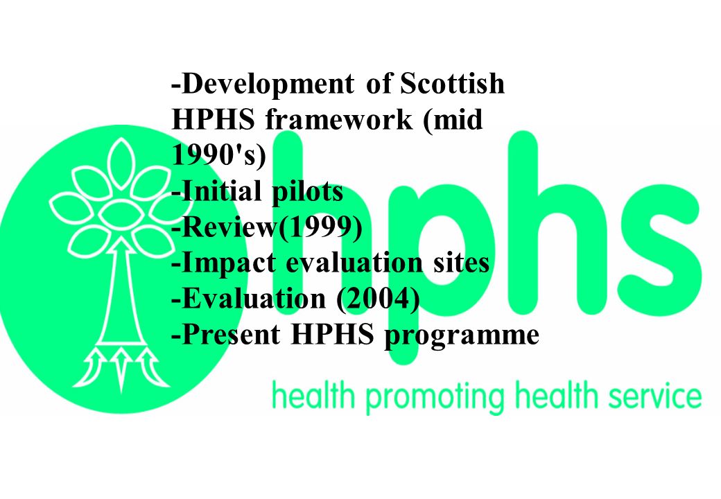 -Development of Scottish HPHS framework (mid 1990 s) -Initial pilots -Review(1999) -Impact evaluation sites -Evaluation (2004) -Present HPHS programme