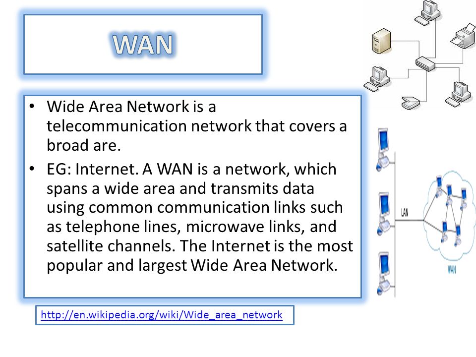 Wide Area Network is a telecommunication network that covers a broad are.