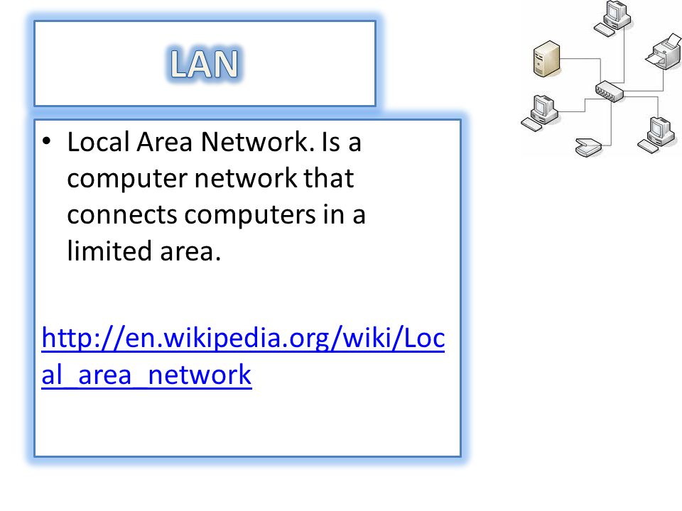 Local Area Network. Is a computer network that connects computers in a limited area.