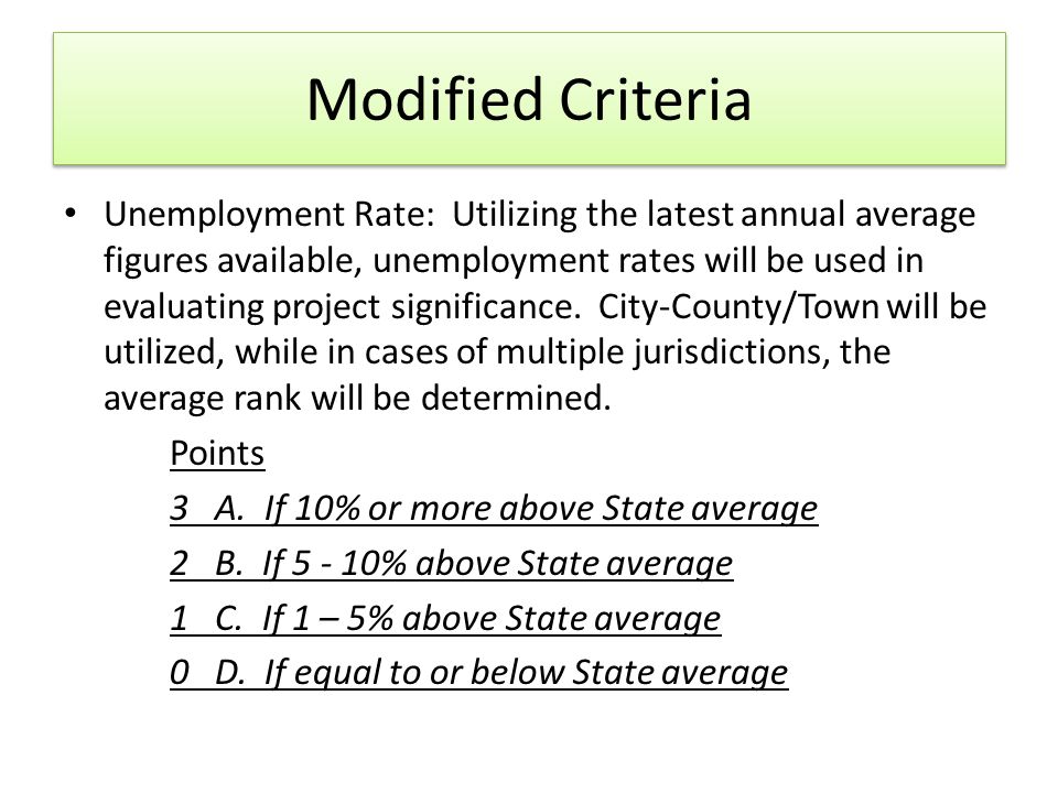 Modified Criteria Unemployment Rate: Utilizing the latest annual average figures available, unemployment rates will be used in evaluating project significance.