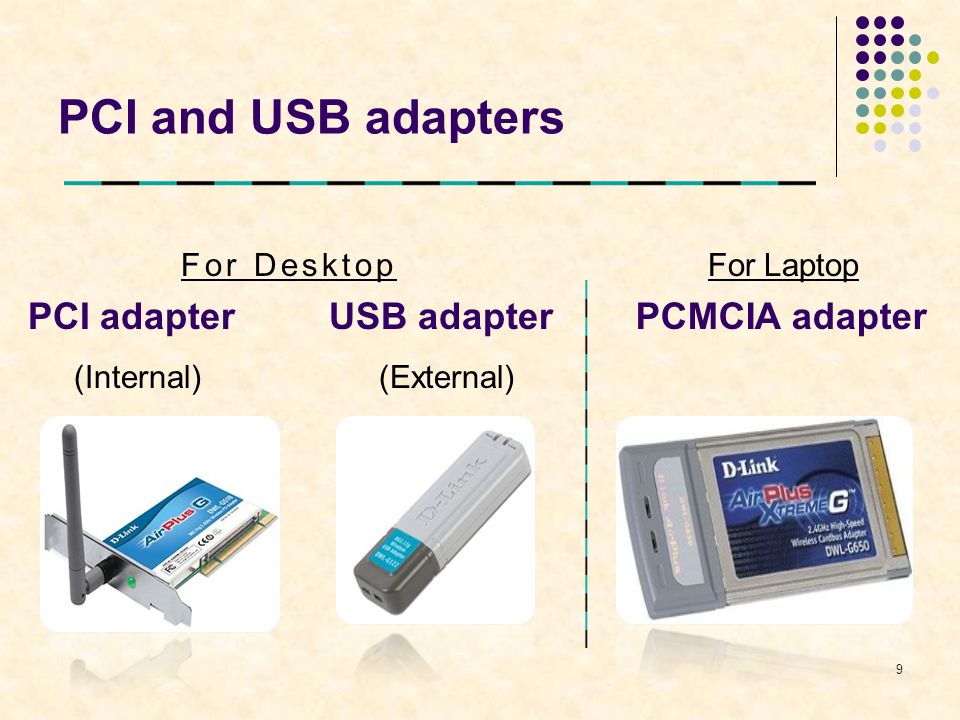 PCI and USB adapters PCI adapter USB adapter 9 PCMCIA adapter (Internal) (External) For Desktop For Laptop