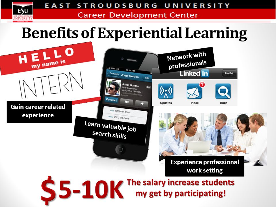Benefits of Experiential Learning 5-10K The salary increase students my get by participating.