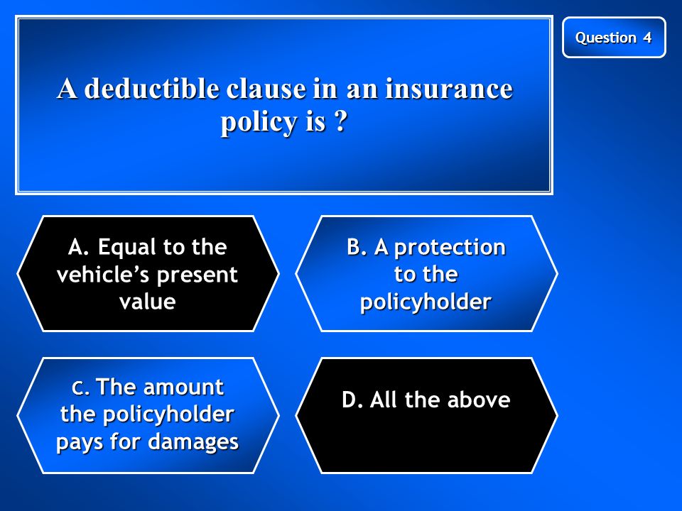 Next Question A deductible clause in an insurance policy is .