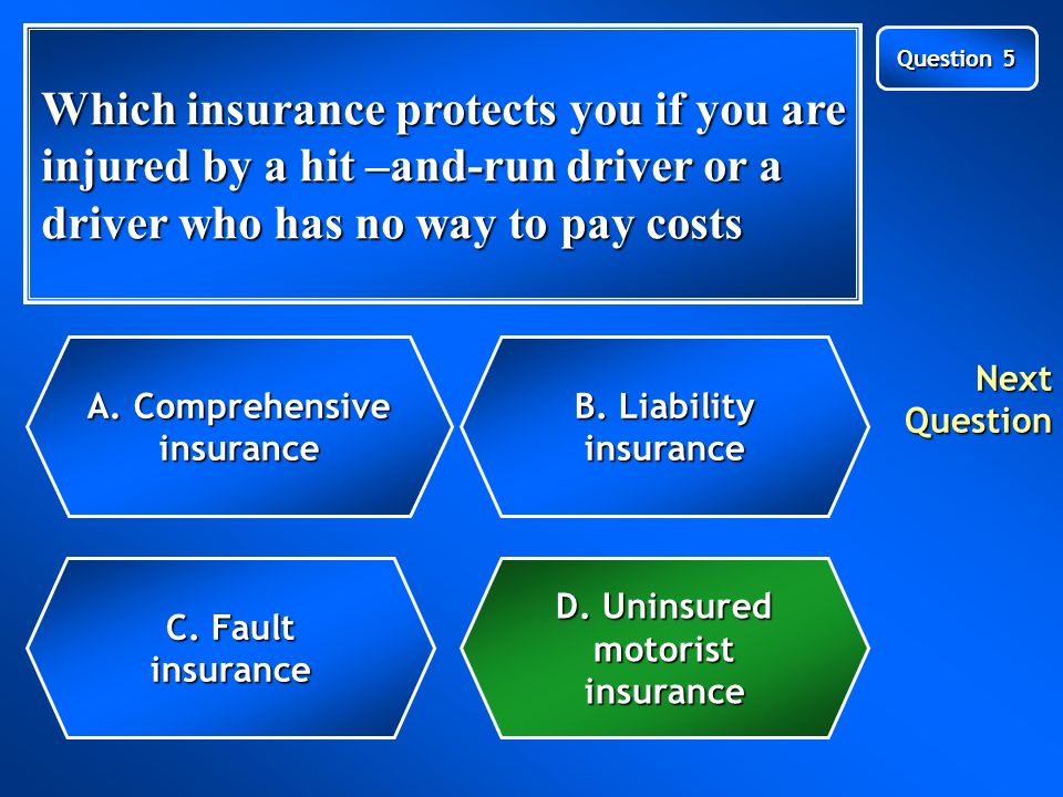 Which insurance protects you if you are injured by a hit –and-run driver or a driver who has no way to pay costs.