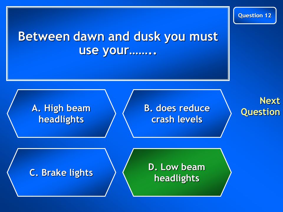 At dawn and dusk you must use your…….. C. Brake lights C.