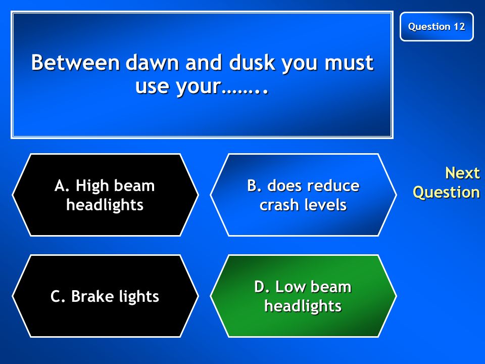 Between dawn and dusk you must use your…….. C. Brake lights A.