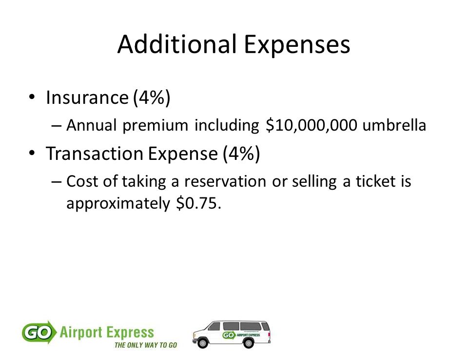 Additional Expenses Insurance (4%) – Annual premium including $10,000,000 umbrella Transaction Expense (4%) – Cost of taking a reservation or selling a ticket is approximately $0.75.