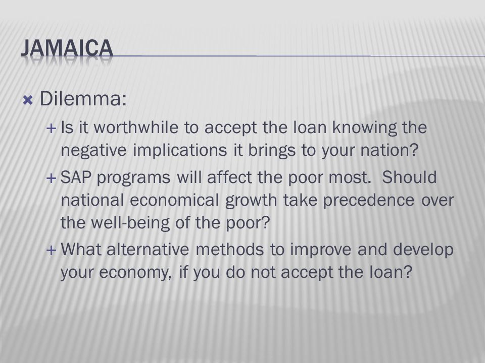  Dilemma:  Is it worthwhile to accept the loan knowing the negative implications it brings to your nation.