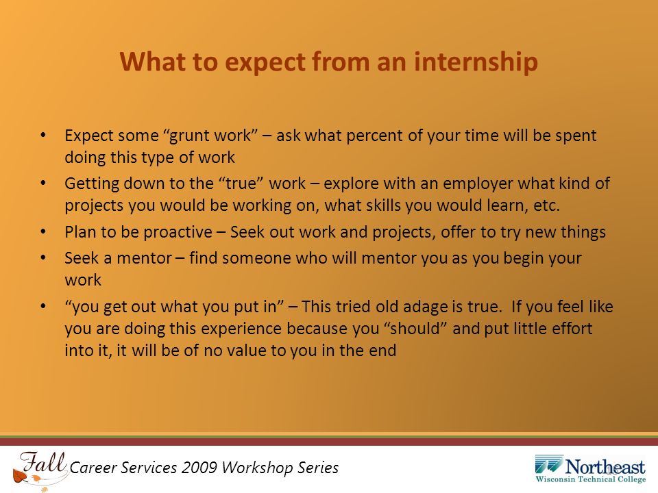Career Services 2009 Workshop Series What to expect from an internship Expect some grunt work – ask what percent of your time will be spent doing this type of work Getting down to the true work – explore with an employer what kind of projects you would be working on, what skills you would learn, etc.